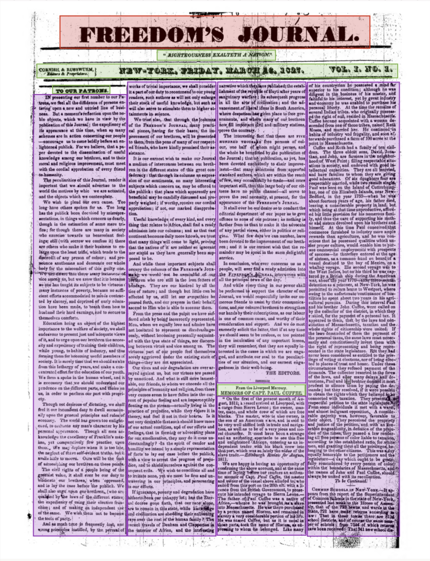 The scanned front page of 'Freedom's Journal,' Volume 1, Number 1, dated Friday, March 16, 1827. The masthead features the motto 'Righteousness Exalteth a Nation.' The page is formatted in three dense columns of text with layout highlights. Key headlines include an editorial titled 'To Our Patrons' and an article titled 'Memoirs of Capt. Paul Cuffee.
