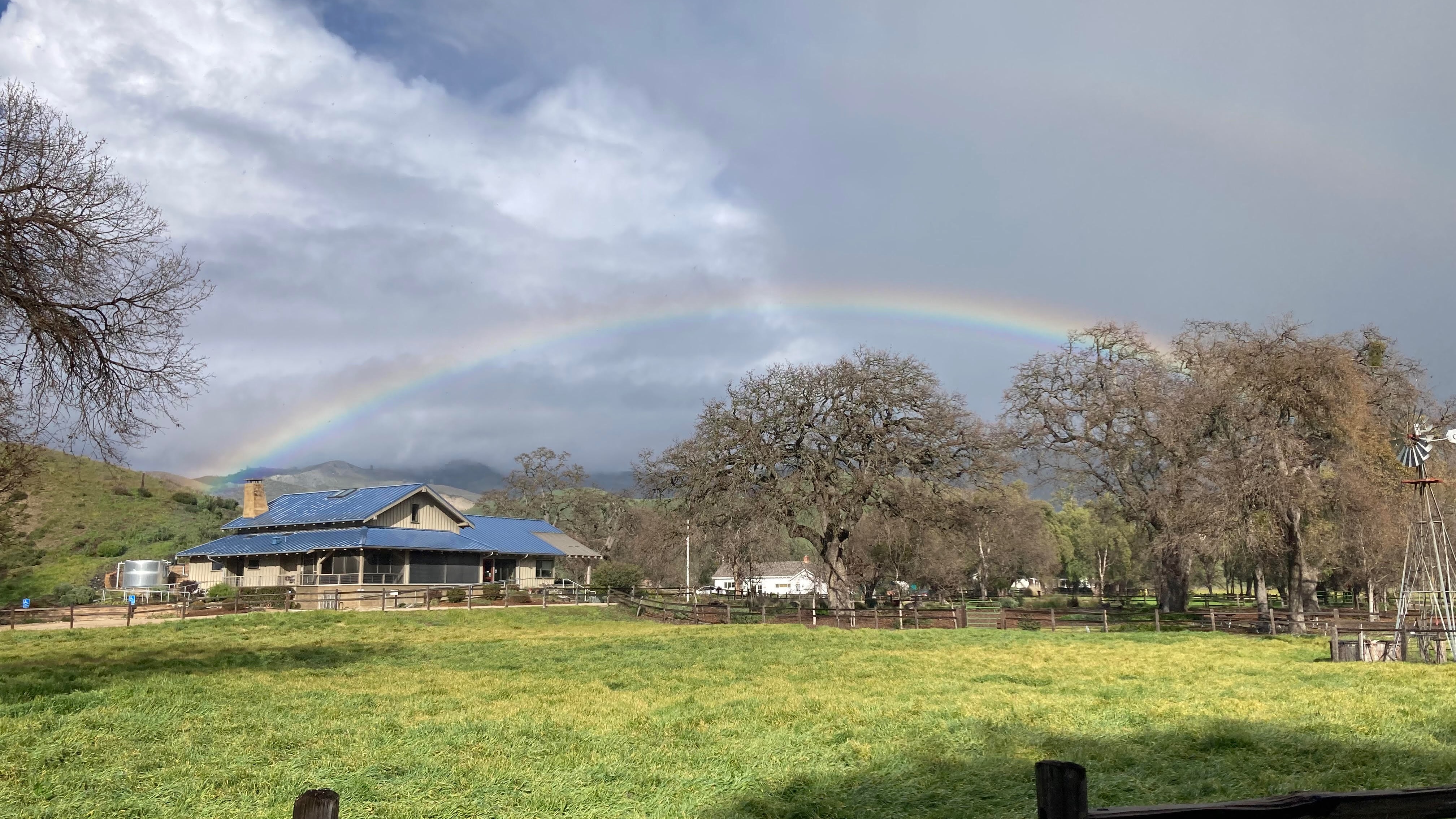 Ranch house with a blue roof and solar panels sits in a bright green pasture under a dramatic sky with a full rainbow arching overhead, flanked by large oak trees.