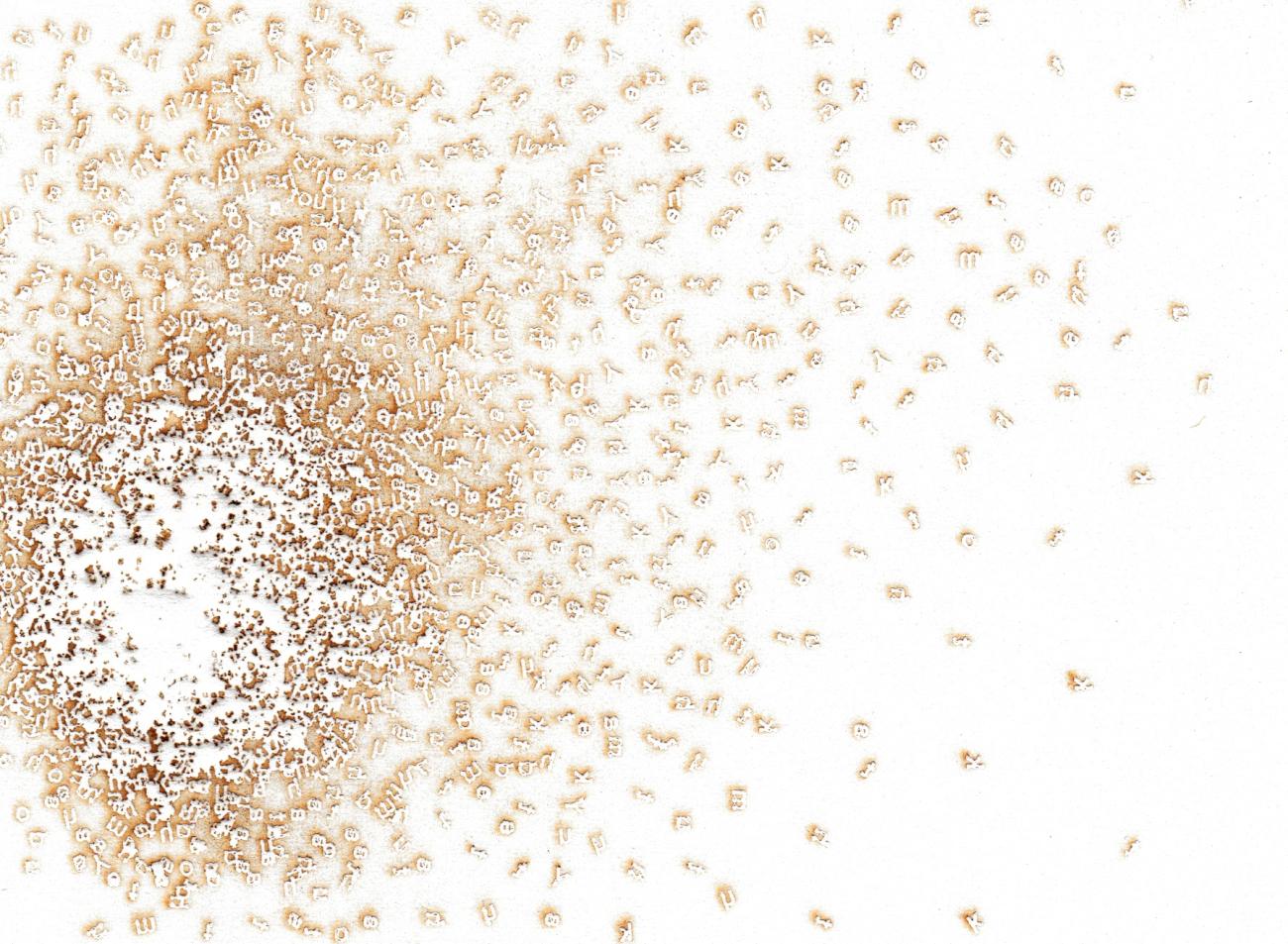 A top-down abstract image shows a scattering of small, light-brown, pasta-like letters across a white background. The letters are heavily concentrated in the bottom-left corner, forming a dense, almost solid mass, and gradually thin out as they spread towards the top and right sides of the image. 