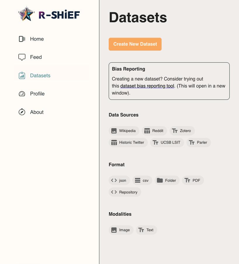 Screenshot of the R-Shief/Contrapuntal Datasets dashboard, highlighting the Bias Reporting tool for new datasets. The page shows data sources including Wikipedia, Reddit, and Historic Twitter, alongside supported file formats (JSON, CSV, PDF) and modalities (Image, Text).
